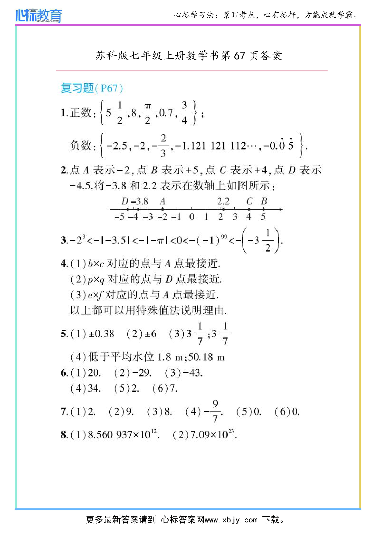 2024年最新苏科版七年级上册数学书第67页答案