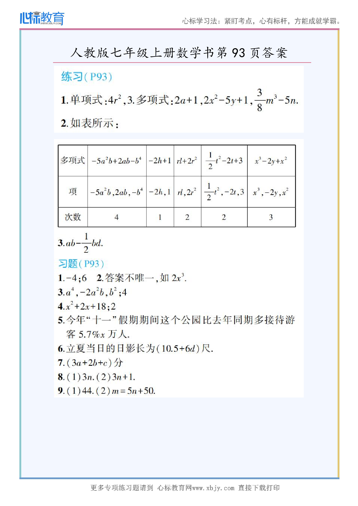 2024年最新人教版七年级上册数学书第93页答案