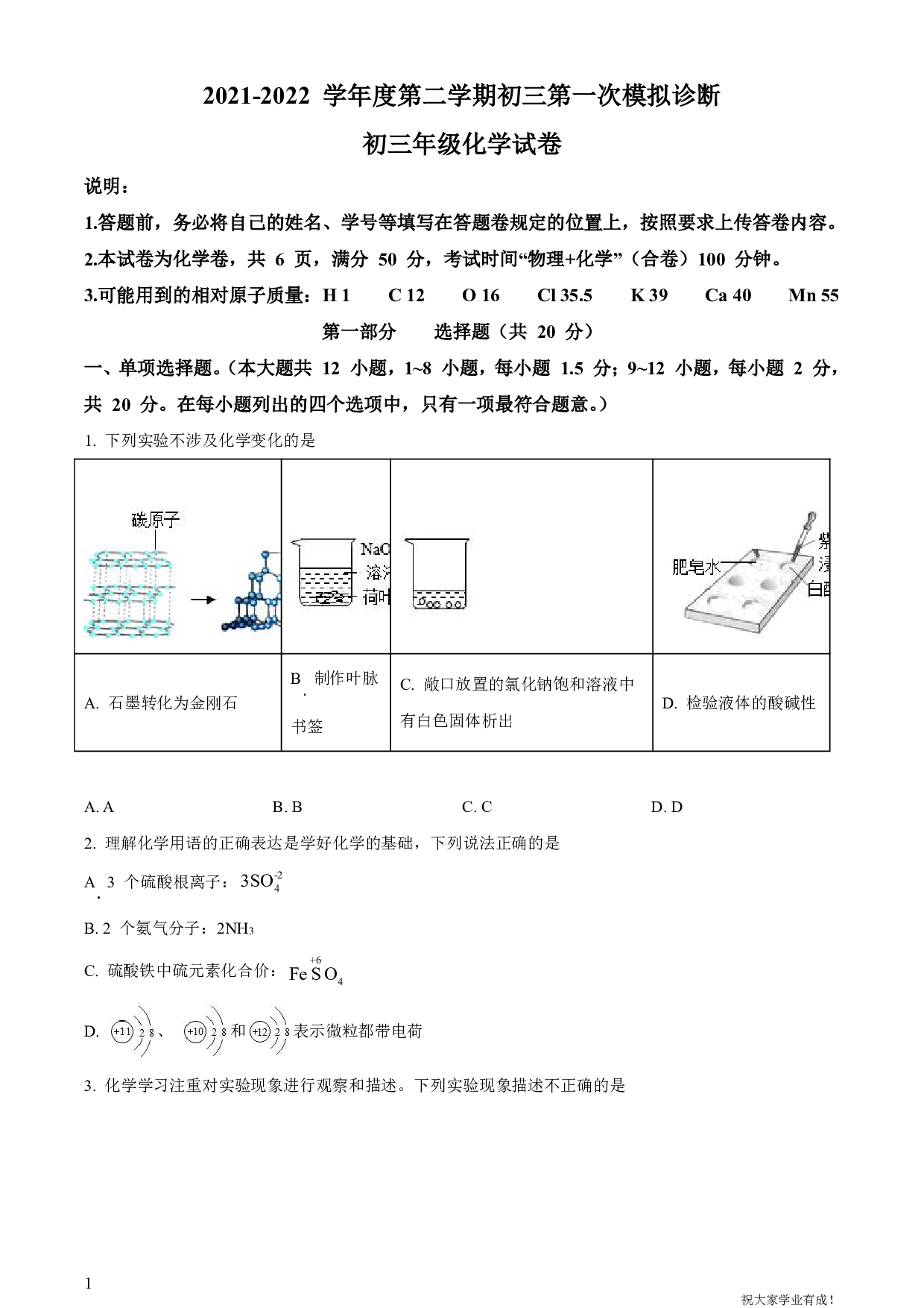 2022年广东省深圳市罗湖区深圳中学中考一模化学试卷及答案（word解析版）